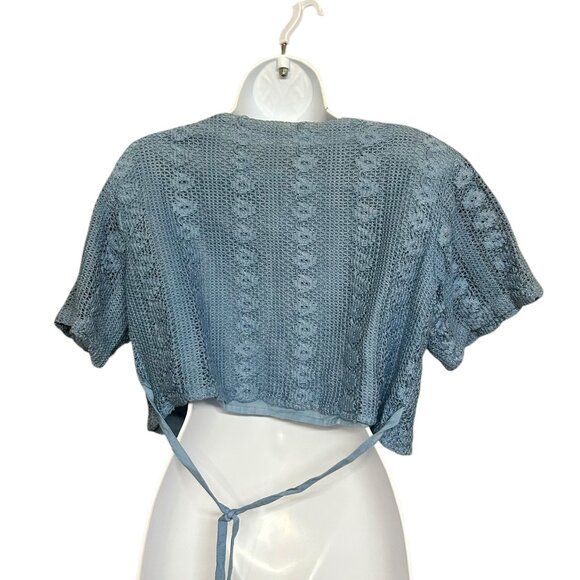 Vintage Blue Crochet Cropped Short Sleeve Cardigan Size M Country Cottage Vibe - Picture 3 of 4